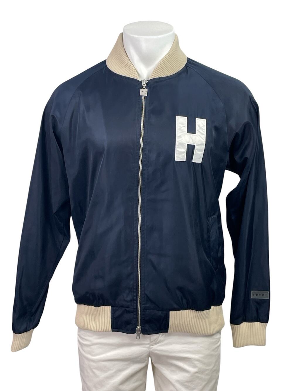 Hotel 1171 Mens Navy Blue Zip Up Long Sleeve Windbreaker Coat Bomber Jacket Sz L